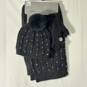 Women’s Black Knit Hat, Scarf, and Gloves Set with Rhinestones/Gems/Tech Touch